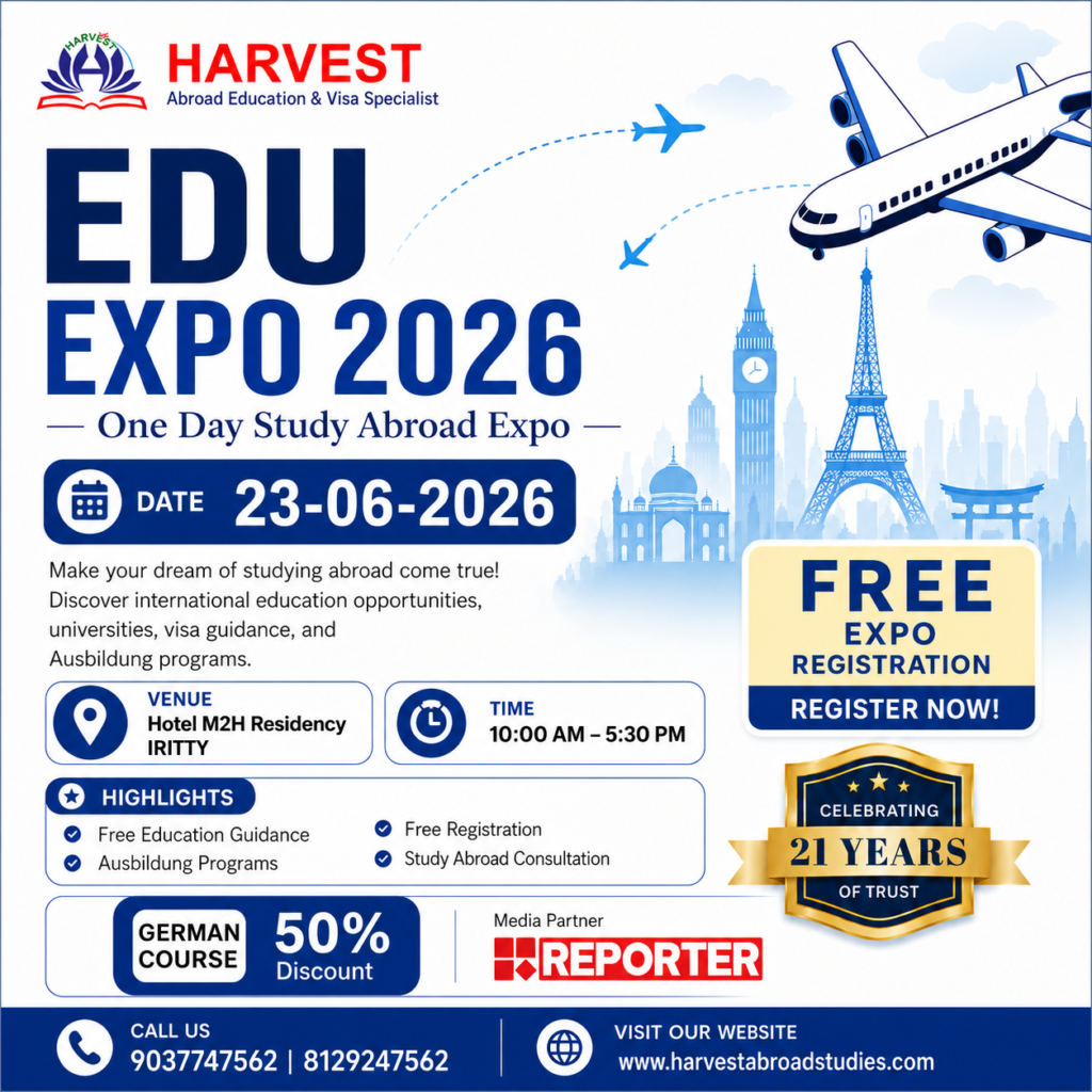 Professional event poster design for a study abroad education expo featuring travel-themed illustrations, event details, promotional highlights, and a clean blue-and-white layout.