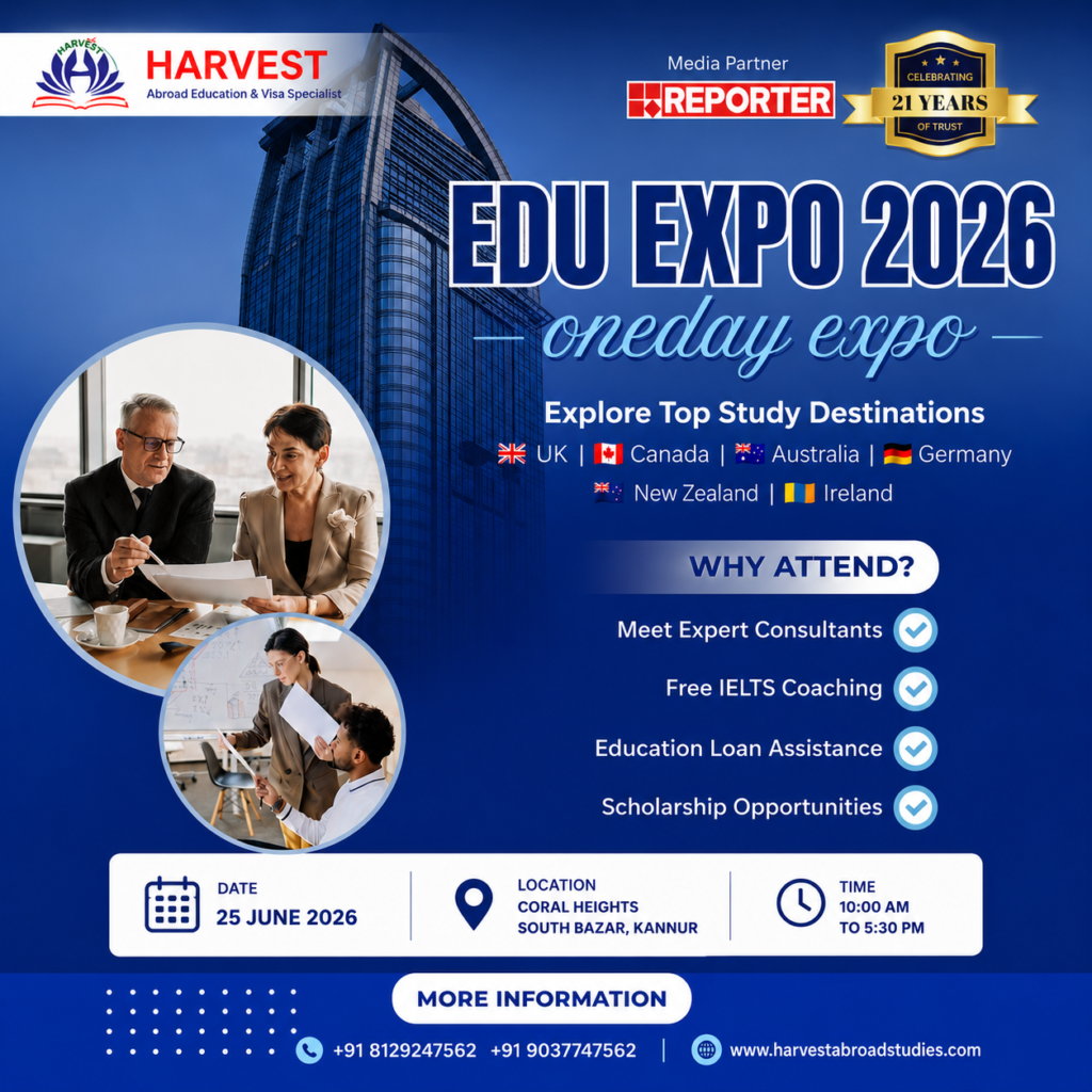 Professional study abroad expo poster design featuring international education destinations, consultant meeting sessions, scholarship opportunities, and event details in a modern blue-themed layout.