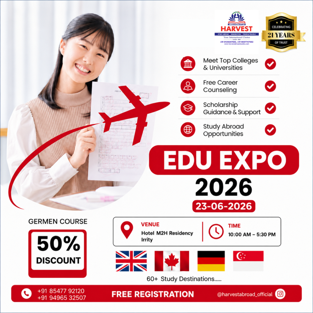 Modern education expo poster design featuring a student, study abroad opportunities, scholarship guidance, university admissions support, event details, and international destination highlights.