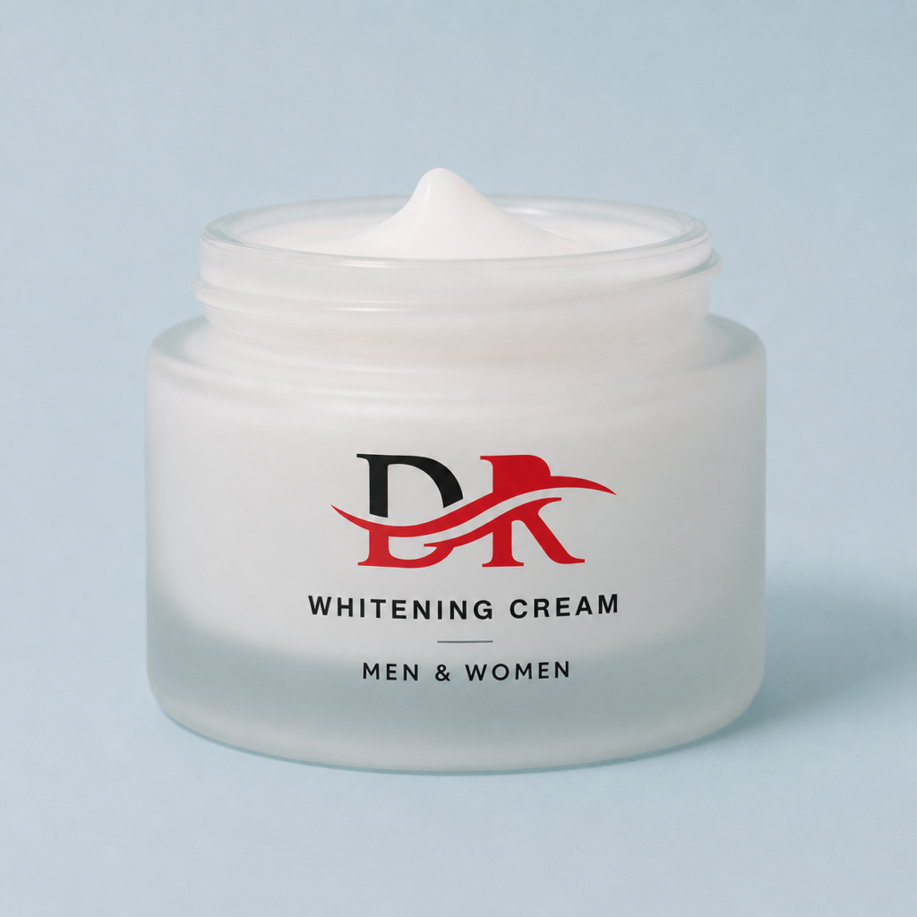 Premium whitening cream packaging design featuring a frosted cosmetic jar, custom DK logo branding, and a clean minimalist presentation for skincare products.