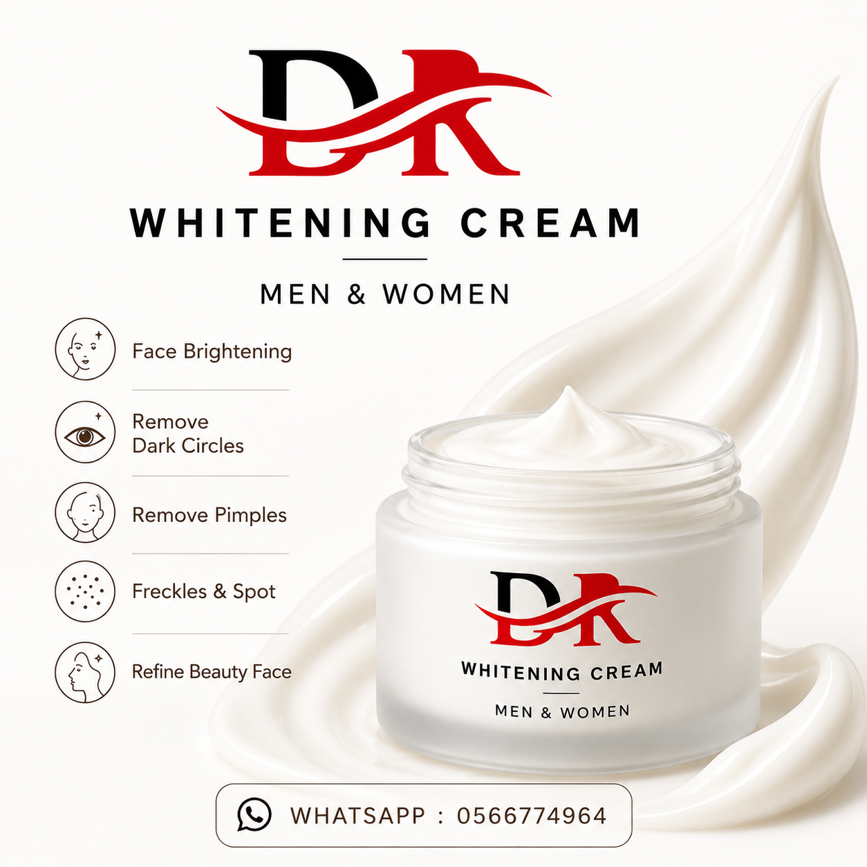 Professional whitening cream advertisement poster featuring a cosmetic cream jar, skincare benefits icons, clean white background, and premium beauty product branding for men and women.