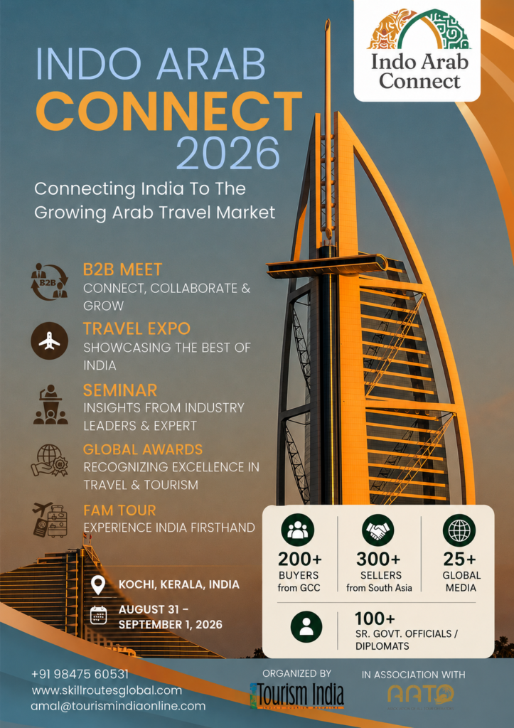 Indo Arab Connect 2026 event poster featuring Dubai’s Burj Al Arab, promoting a B2B travel networking event in Kochi, Kerala, India, on August 31–September 1, 2026, with expo, seminar, awards, and FAM tour highlights.