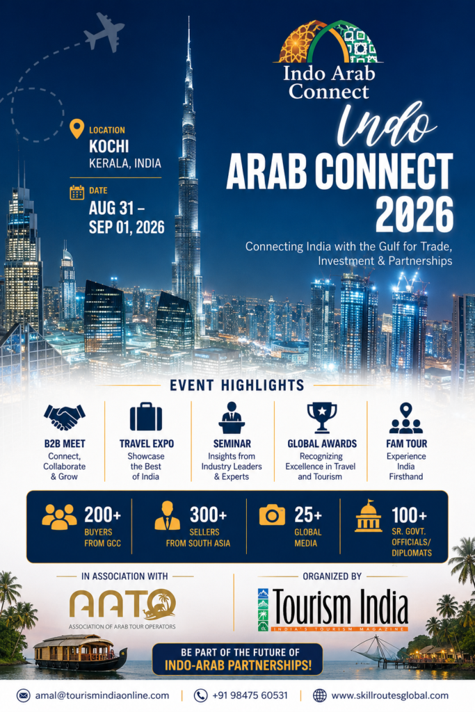 Indo Arab Connect 2026 event poster featuring the Dubai skyline and Burj Khalifa, promoting India–Gulf trade, investment, tourism partnerships, B2B meetings, travel expo, seminars, awards, and FAM tours in Kochi, Kerala, India.